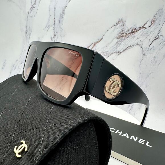 CHANEL Sunglasses Black Square Shield Gold CC Gradient Brown Lens - Picture 11 of 16